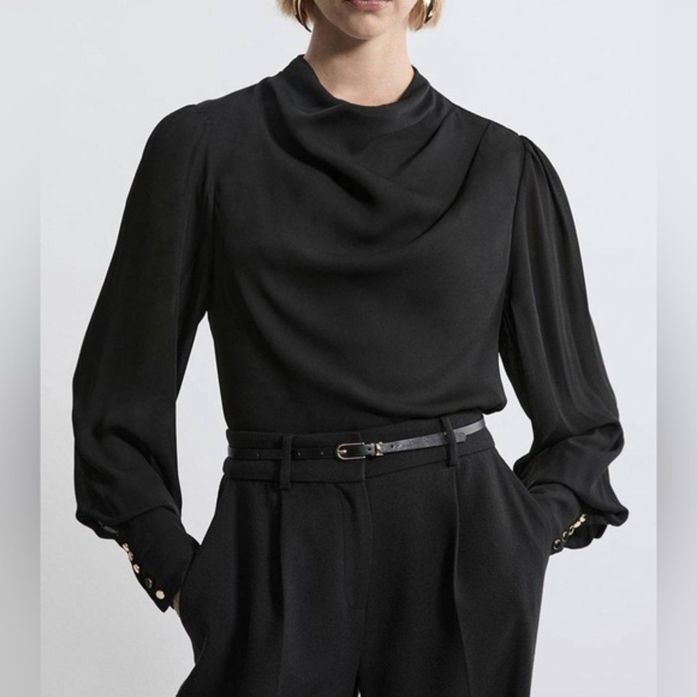 Karen Millen Black Pintuck Shoulder Detail Georgette Woven Blouse Sz. 10 NWT!